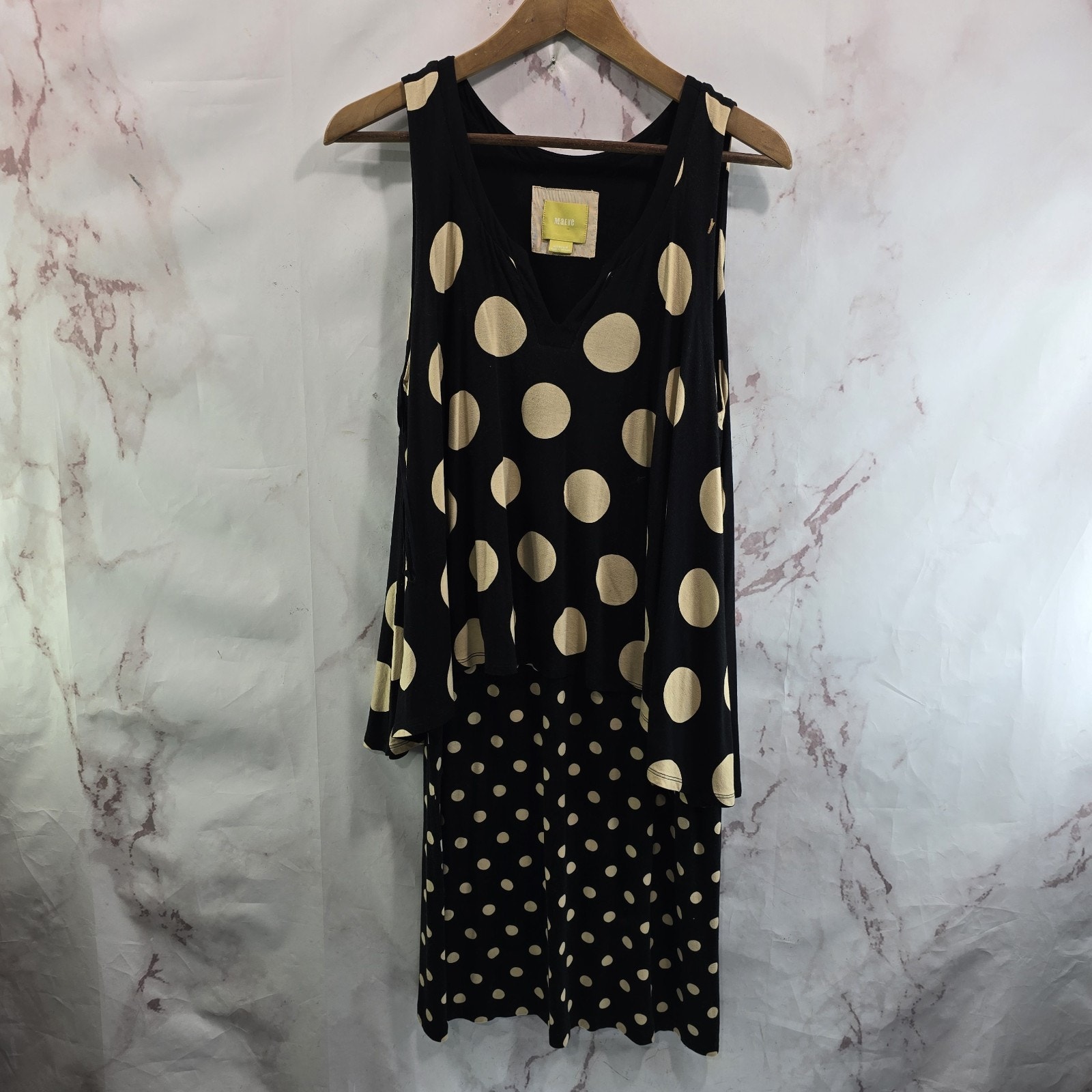 Anthropologie Dress Women Medium Black Beige Tank Polka Dot Maeve Davina Layered